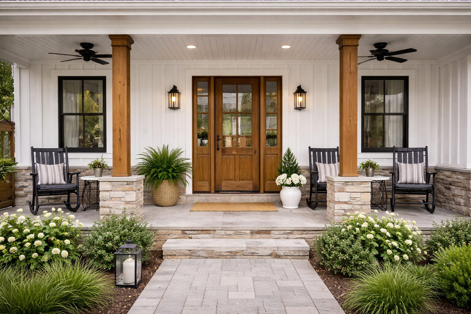 Remodeled farmhouse porch with white columns and landscaped surroundings