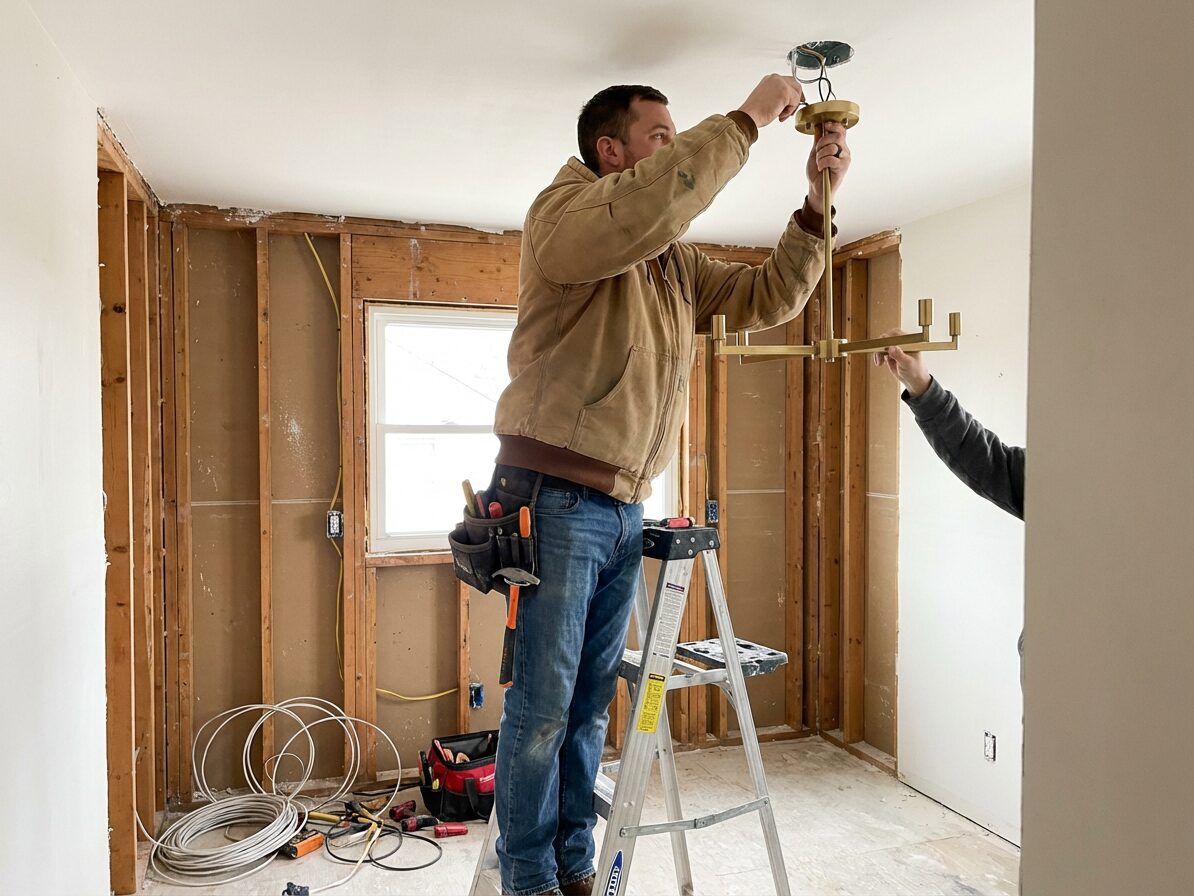 Contractor installing light fixture