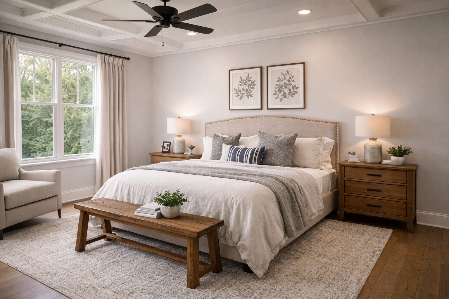Elegant farmhouse bedroom with cozy accents