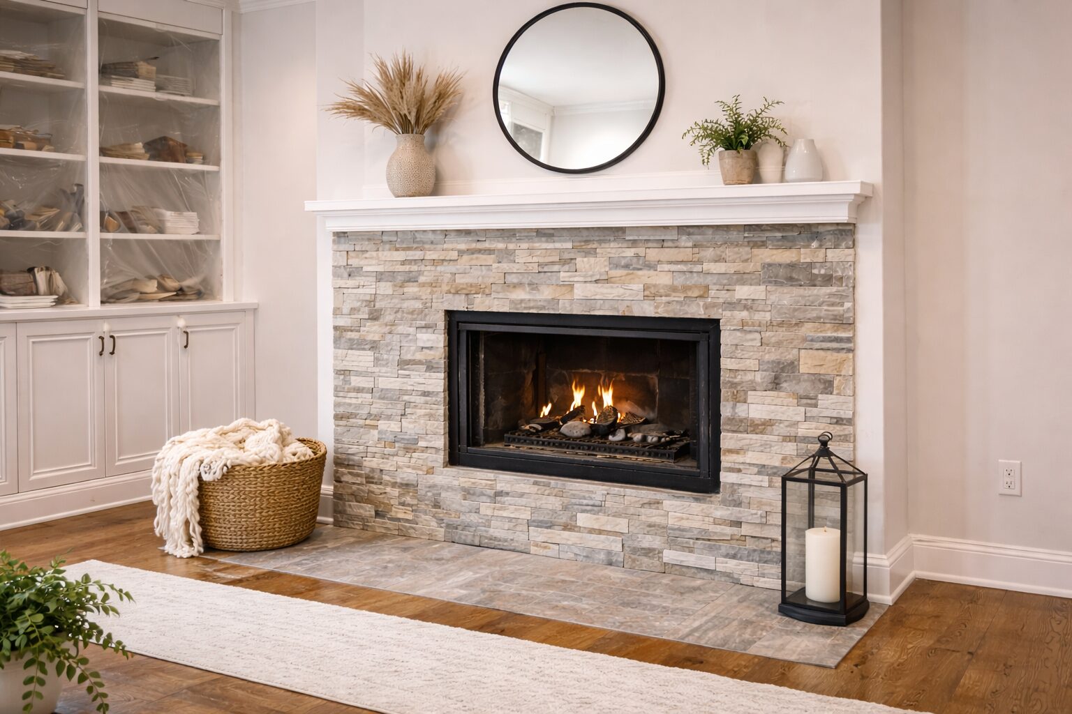 Remodeled living room with finished fireplace details