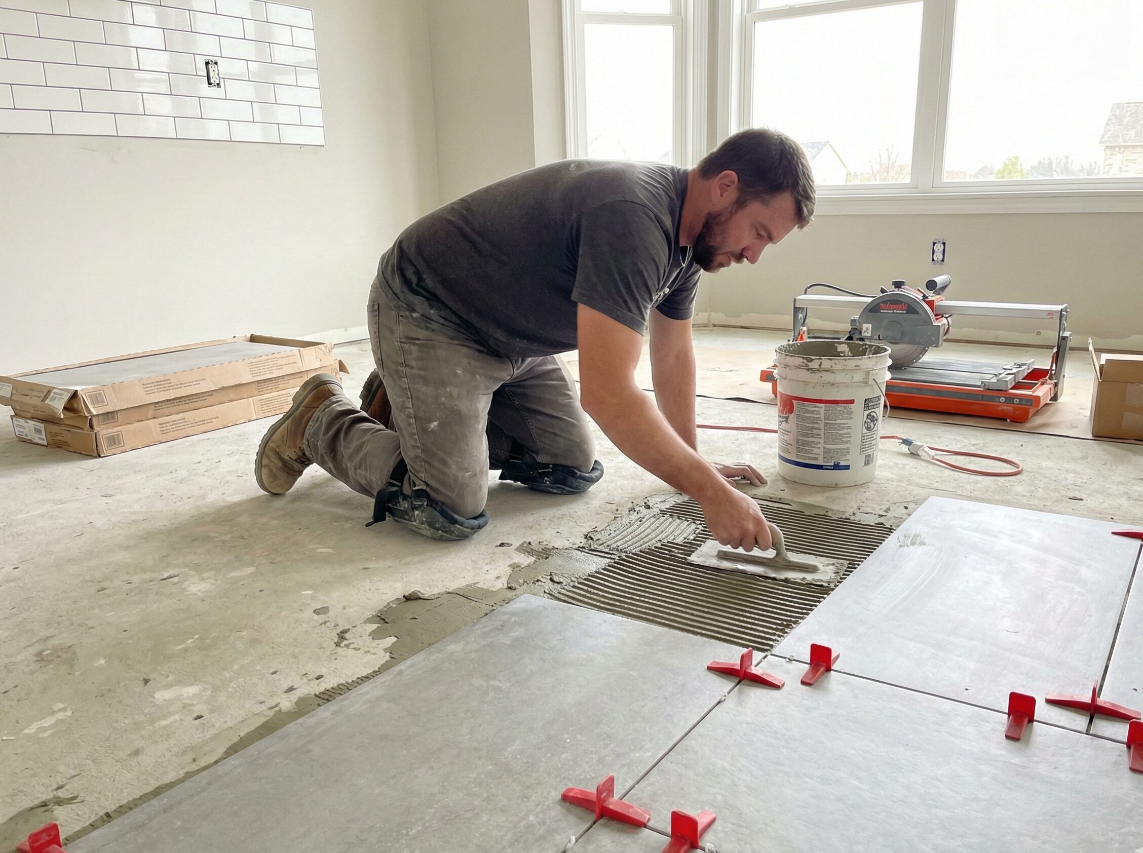 Professional tile installer at work