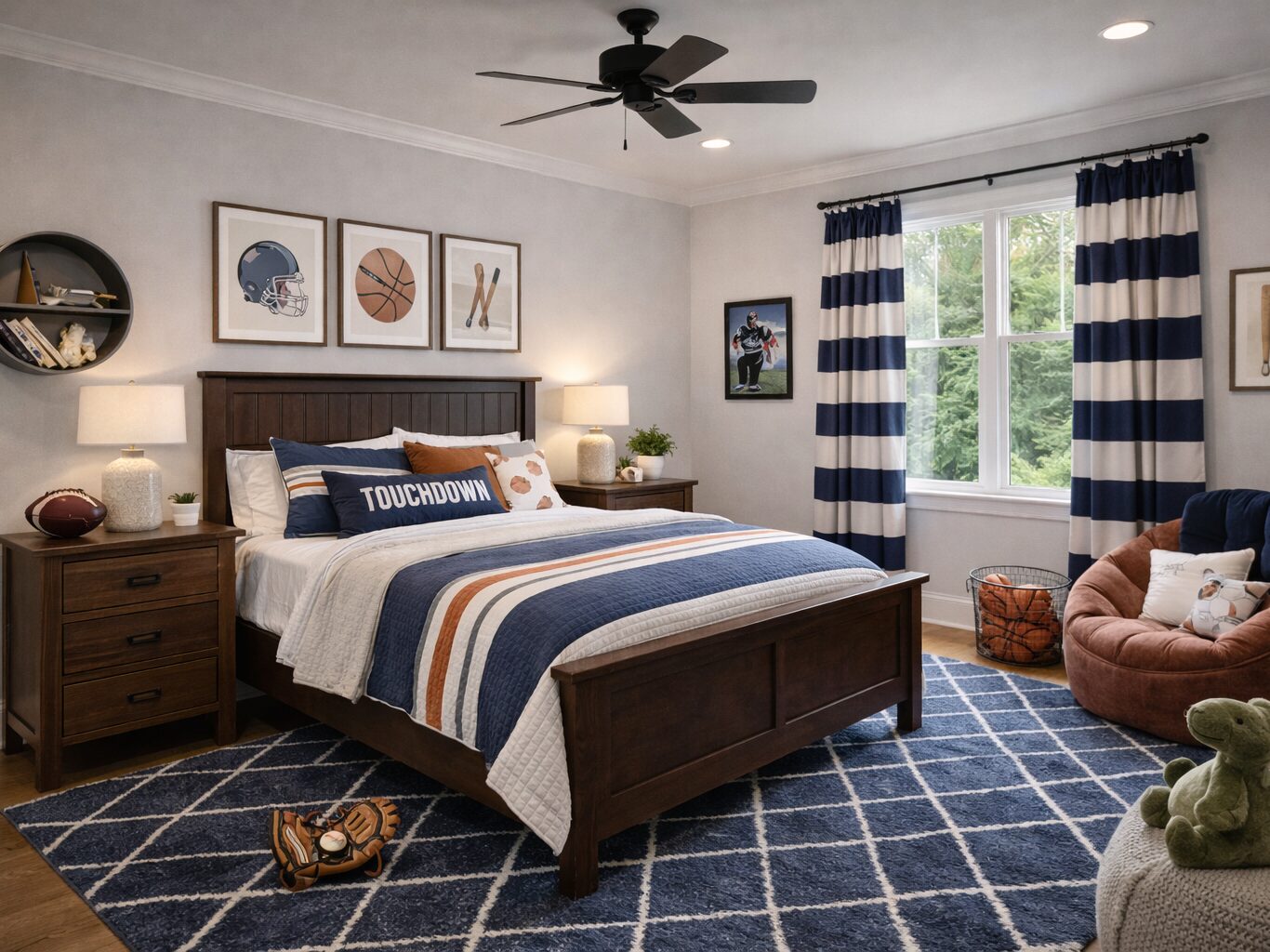 Sporty bedroom with cozy touches