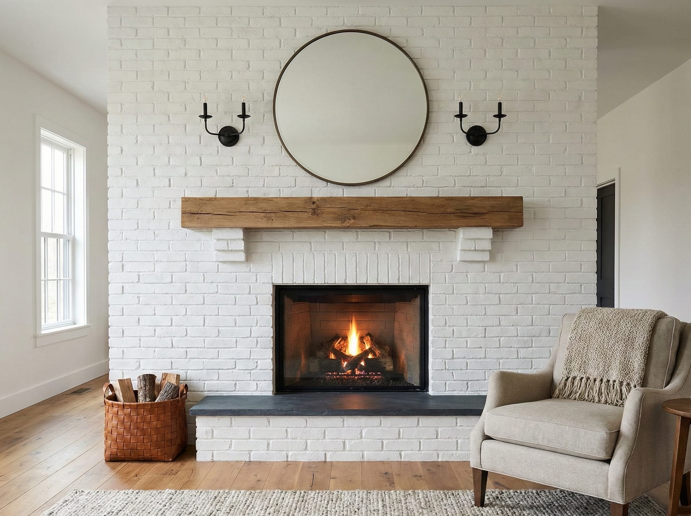White painted brick fireplace with rustic wood mantel