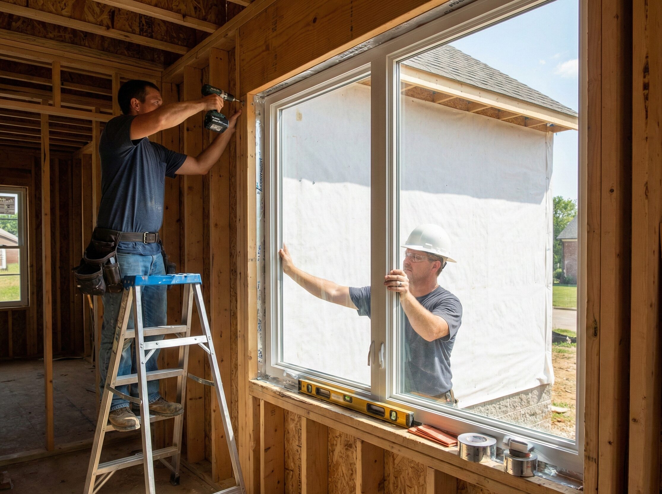 Workers installing a large vinyl window