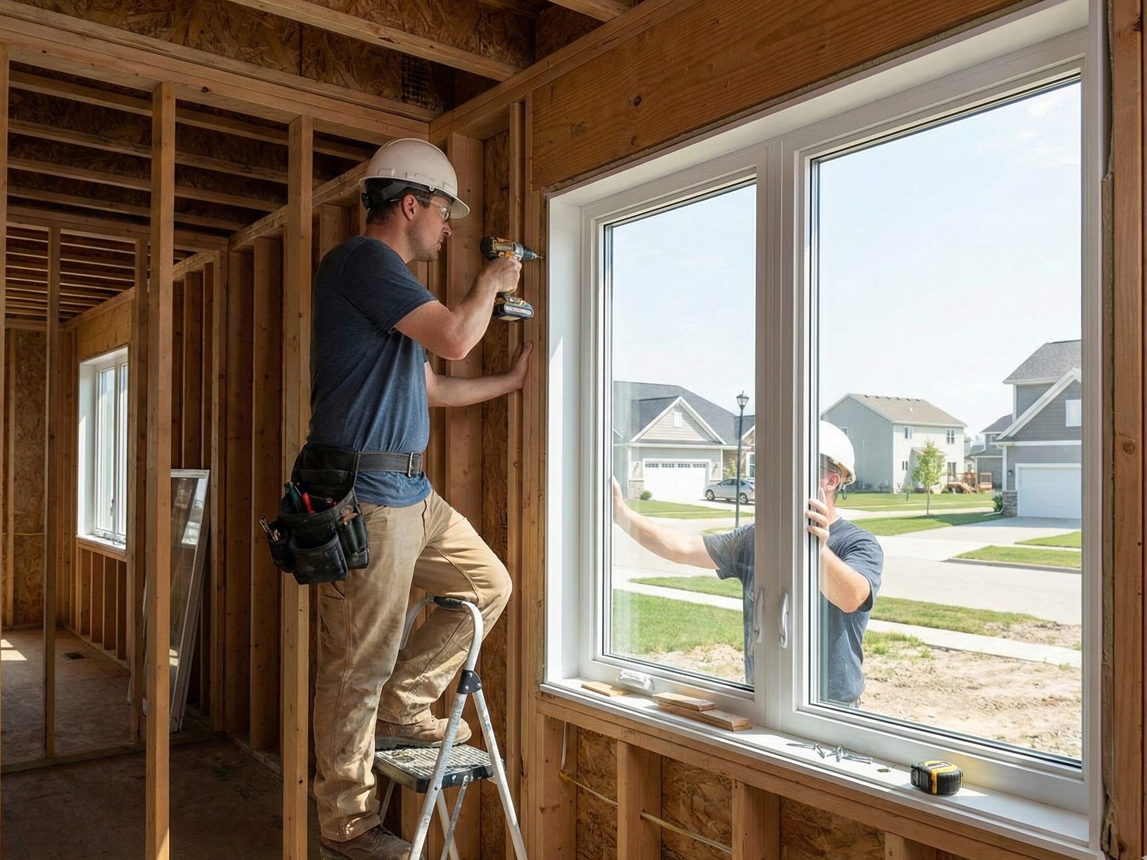 Workers installing vinyl window